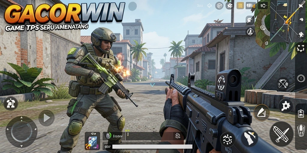 Screenshot gameplay menegangkan dari GACORWIN, memperlihatkan aksi TPS.