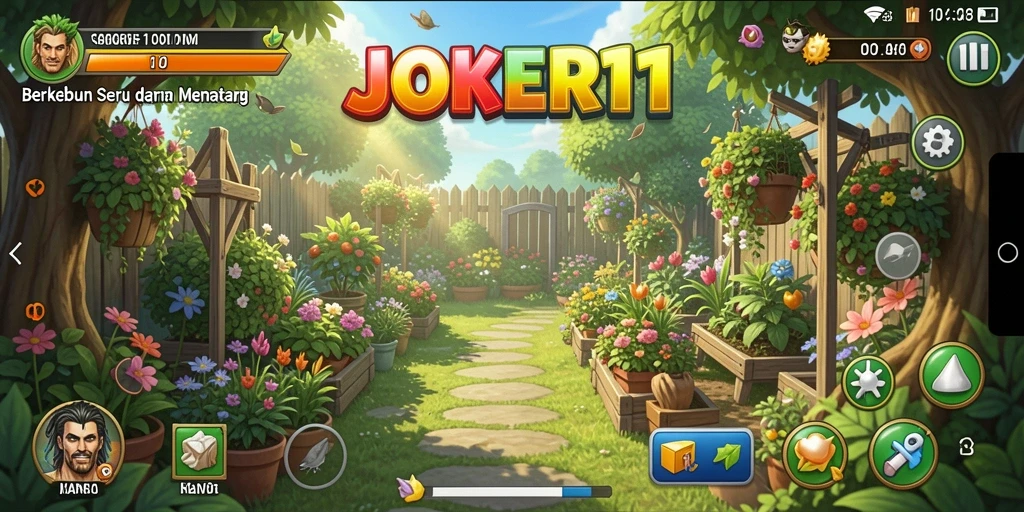 Screenshot gameplay JOKER11 menunjukkan kebun yang indah dan tanaman yang beragam.