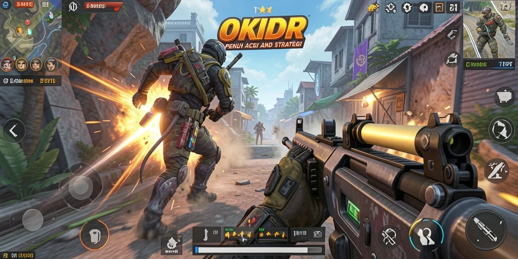 Screenshot gameplay OKIDR yang menunjukkan aksi pertempuran TPS yang mendebarkan.