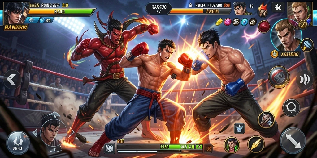Screenshot gameplay RANS303 menampilkan karakter bertarung dengan penuh semangat.