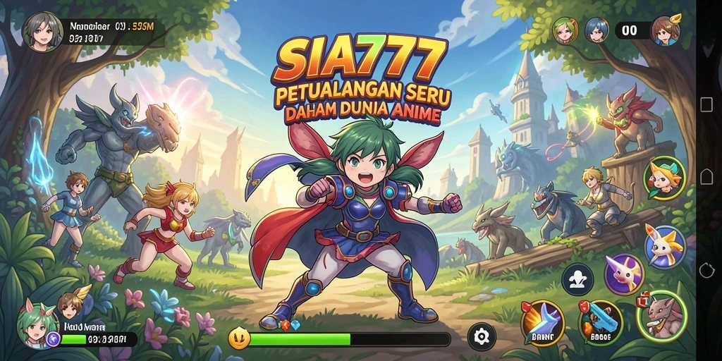 Tangkapan layar gameplay SIA777 yang menampilkan pertarungan karakter anime.
