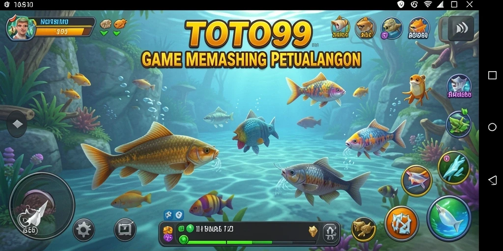 Tampilan gameplay TOTO99 yang menampilkan aksi memancing seru dan ikan beragam.