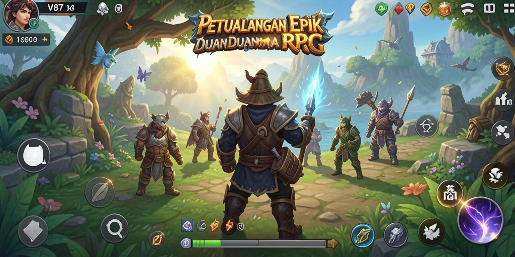 Tangkapan layar menampilkan pertempuran epik dalam game RPG V87.