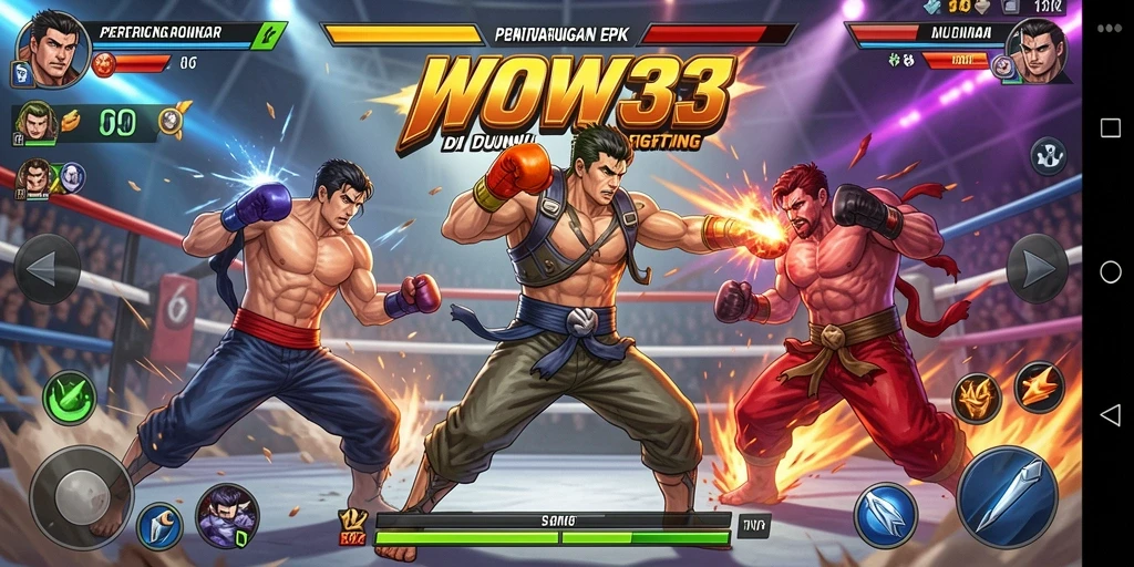 Gameplay pertarungan seru WOW33 dengan karakter unik dan gerakan spektakuler.